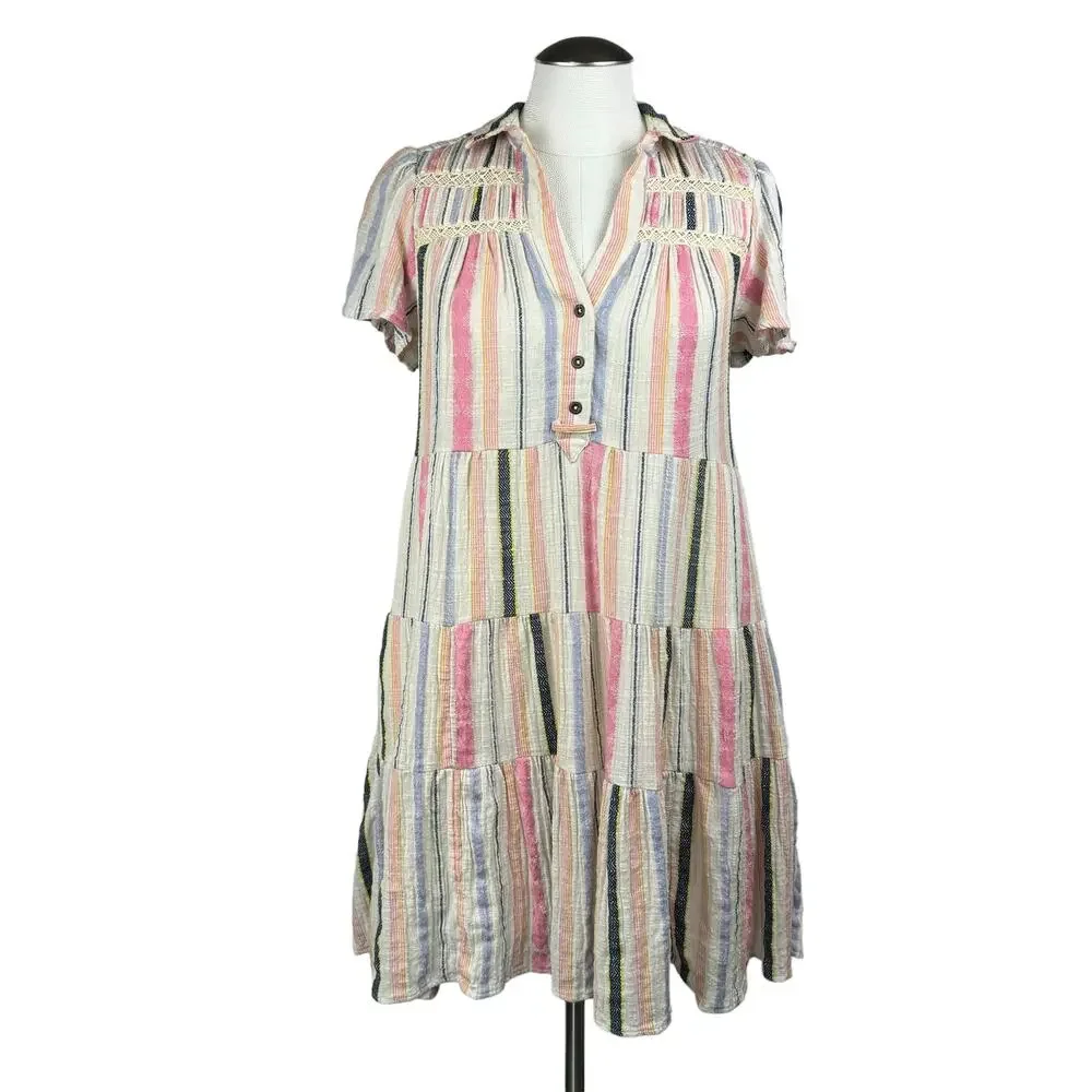 Women's Anthropologie Georgina Tiered Ruffle Babydoll Stripe Boho Shirt Dress XS